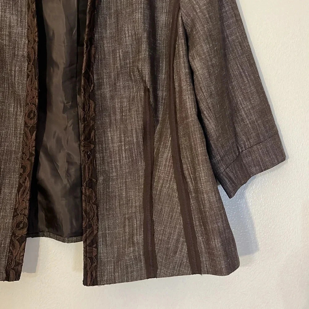 Coldwater Creek | Brown jacket/blazer with lace trim Women’s size 24 linen look - Picture 2 of 11